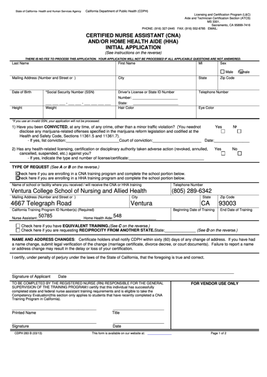 Fillable Form Cdph 283 B - Certified Nurse Assistant (Cna) And/or Home Health Aide (Hha) Initial Application Printable pdf