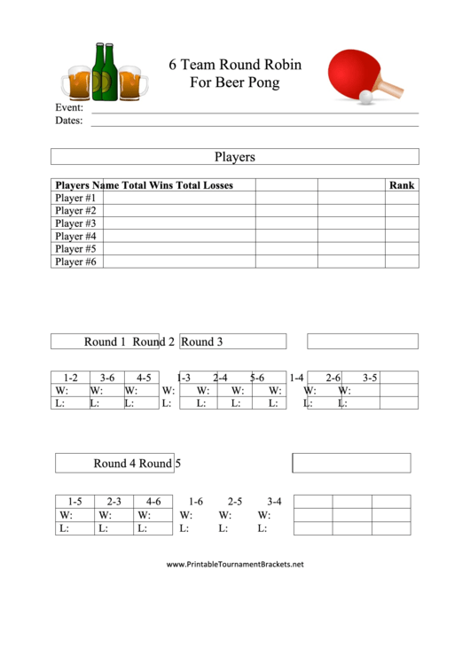 6 Team Round Robin Beer Pong Template Printable pdf