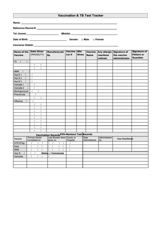 Vaccination Tb Test Tracker Printable pdf