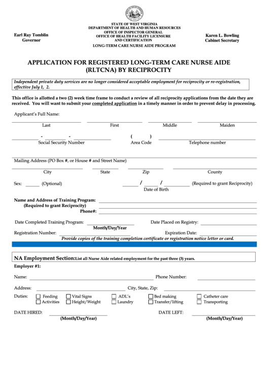 Application For Registered Long-Term Care Nurse Aide (Rltcna) By Reciprocity Printable pdf