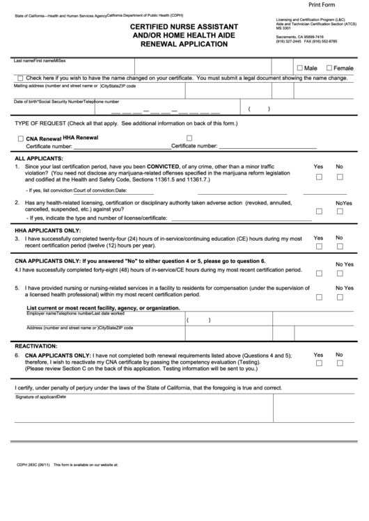 Fillable Certified Nurse Assistant And/or Home Health Aide Renewal Application Form Printable pdf