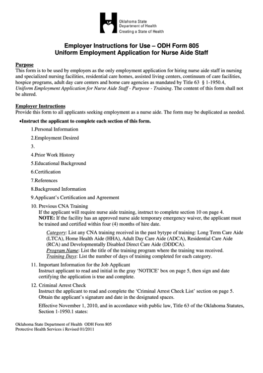 Form 805 - Uniform Employment Application For Nurse Aide Staff Printable pdf