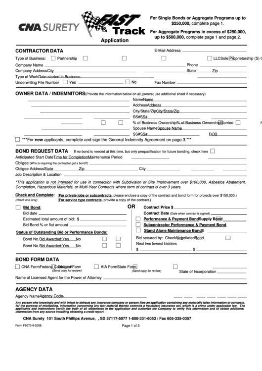 Fillable Cna Surety Contractor Application Form Printable pdf