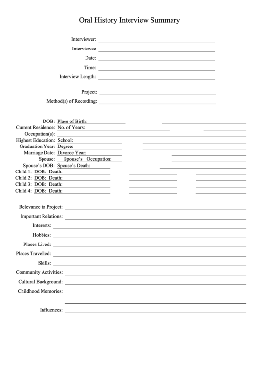 Oral History Interview Summary Template Printable pdf