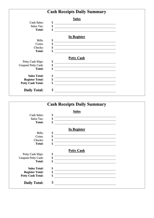 Cash Receipt Daily Summary Printable pdf