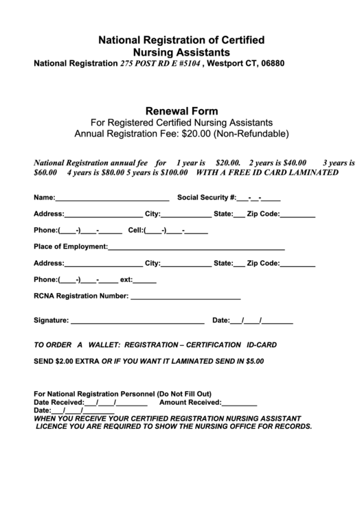 Renewal Form For Registered Certified Nursing Assistants printable pdf