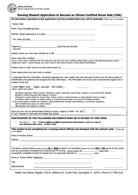 Nursing Student Application To Become An Illinois Certified Nurse Aide (Cna) Printable pdf