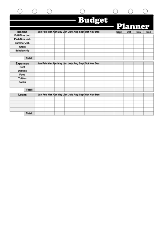 Student Budget Planner Template - Black And White Printable pdf