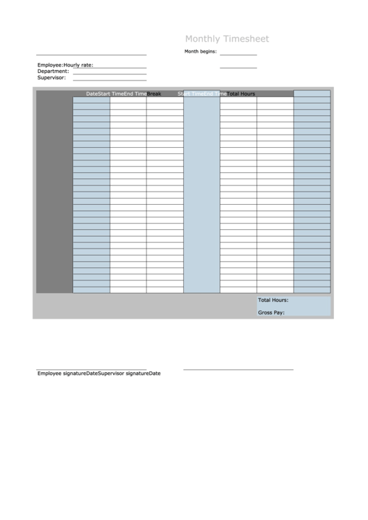 Monthly Timesheet Template Printable pdf