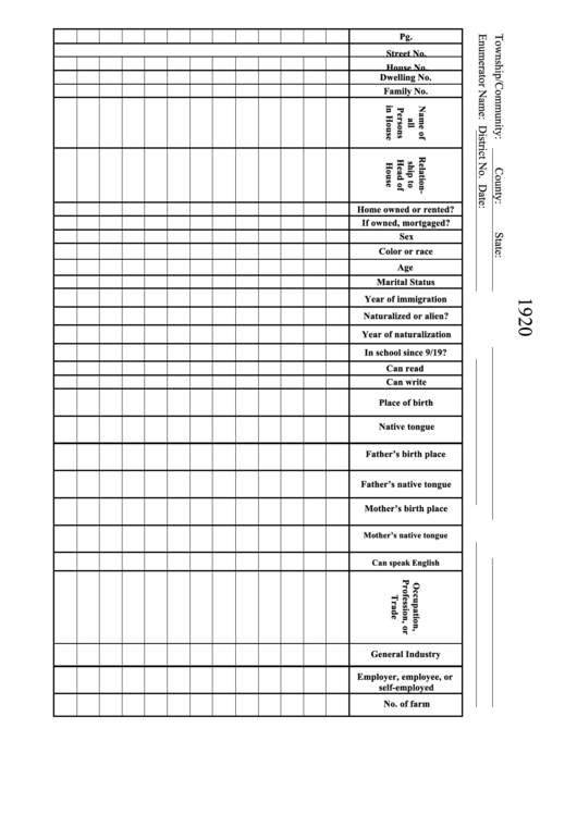 1920 Census Form Printable pdf
