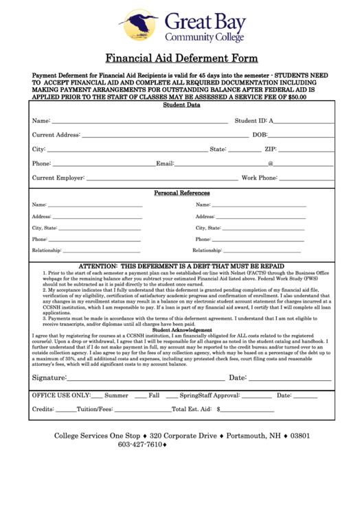 Great Bay Community College Financial Aid Deferment Form Printable pdf