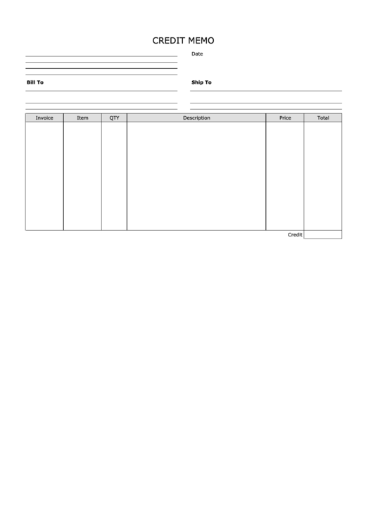 Credit Memo Template - Landscape, Blank Printable pdf