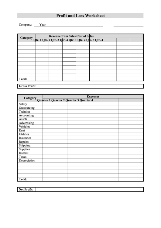 Profit And Loss Worksheet Printable Pdf Download