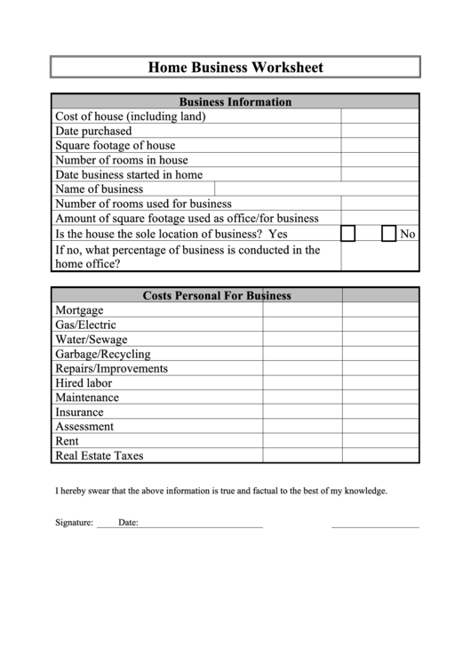 Home Business Worksheet Printable pdf