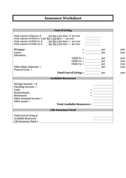 Insurance Worksheet Printable pdf