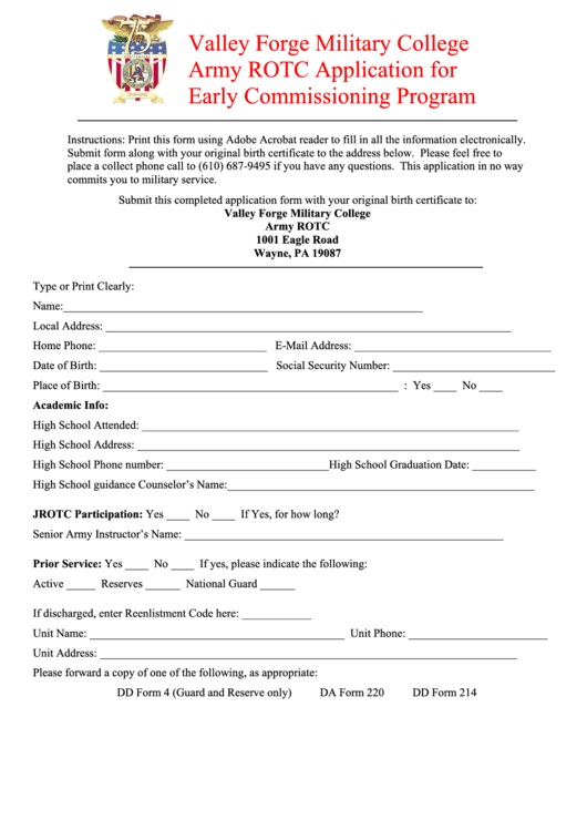 Fillable Vfmc Army Rotc Program Application Form Printable pdf