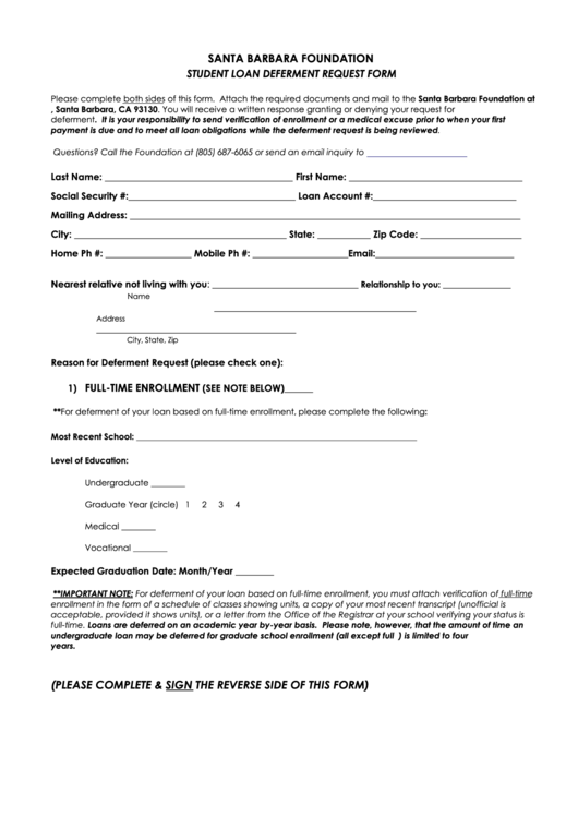 Santa Barbara Foundation Student Loan Deferment Request Form Printable pdf
