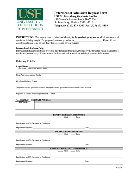 Usf St. Petersburg Graduate Studies Deferment Of Admission Request Form Printable pdf