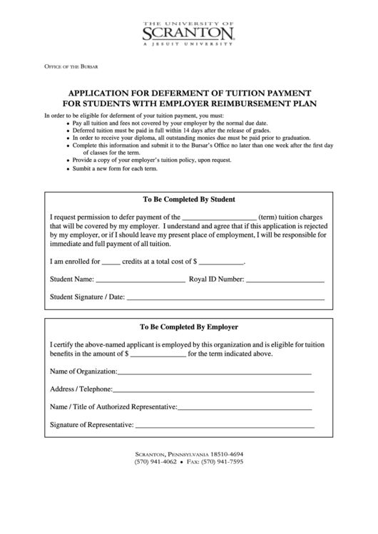 The University Of Scranton Application For Deferment Of Tuition Payment For Students With Employer Reimbursement Plan Printable pdf