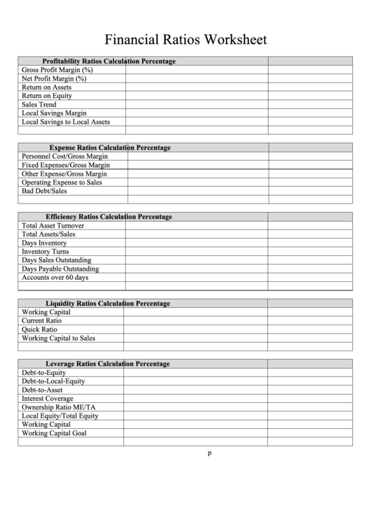 Financial Ratios Worksheet Printable pdf