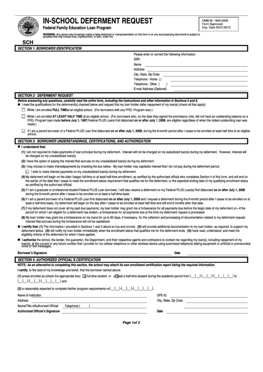 Fillable Form Sch - In-School Deferment Request Printable pdf