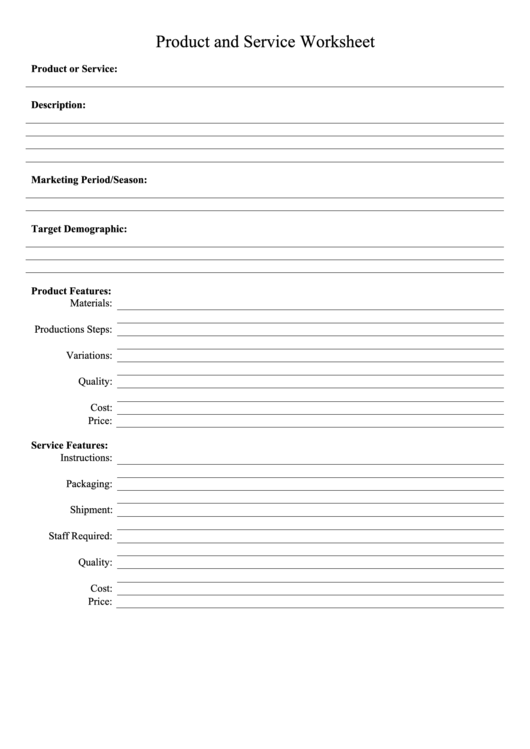 Product And Service Worksheet Template Printable pdf