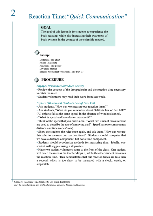 Reaction Time: "Quick Communication" Printable pdf