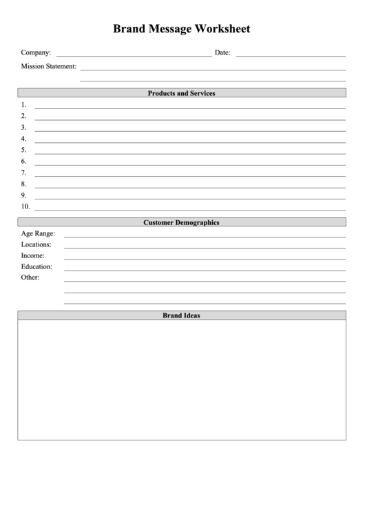 Brand Message Worksheet Printable pdf