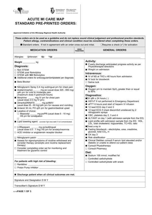 Acute Mi Care Map Standard Pre-Printed Orders Printable pdf