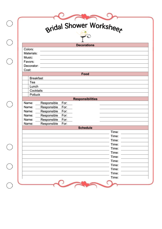 Bridal Shower Worksheet Printable pdf