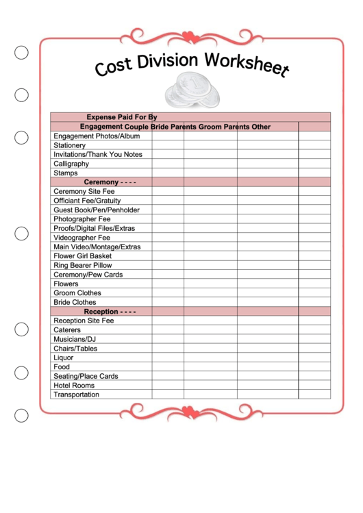Wedding Planner Template - Cost Division Worksheet Printable pdf