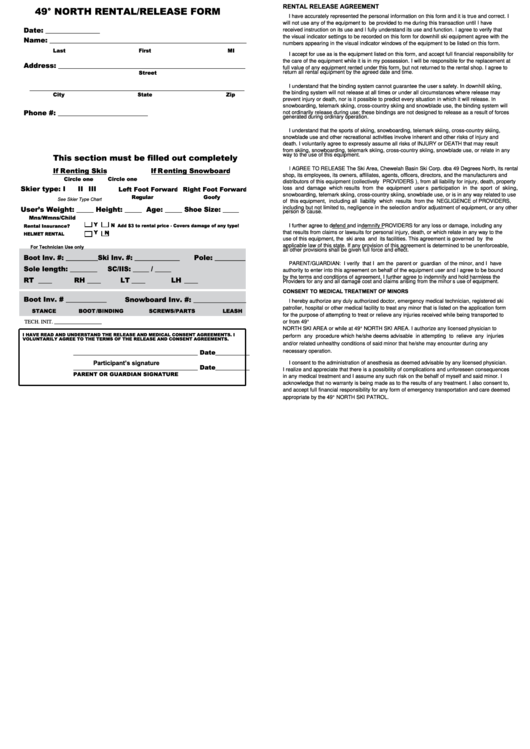 49 North Rental/release Form Printable pdf