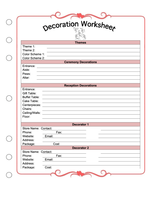 Decoration Worksheet Wedding Printable pdf