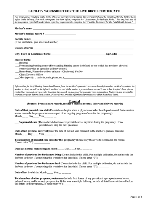 Facility Worksheet For The Live Birth Certificate Template Printable pdf