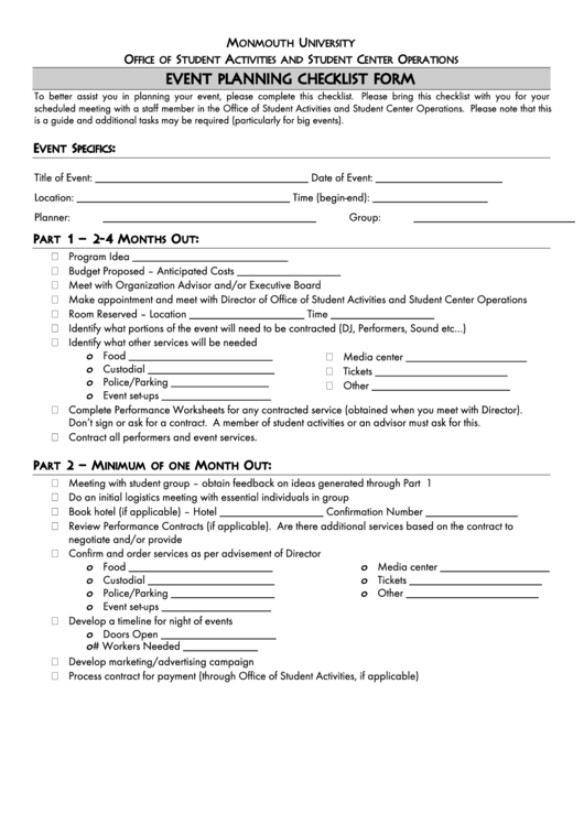 Event Planning Checklist Form Printable pdf