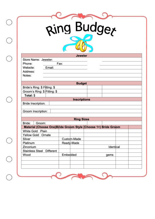 Wedding Ring Budget Planner Template Printable pdf