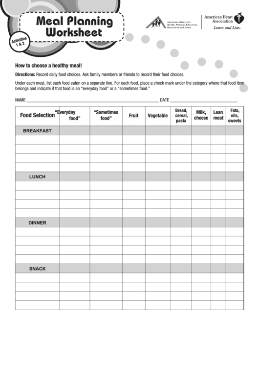 Meal Planning Worksheet Printable pdf