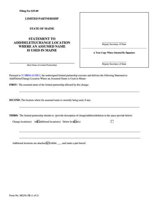 Fillable Statement To Add/delete/change Location Where An Assumed Name Is Used In Maine Form Printable pdf