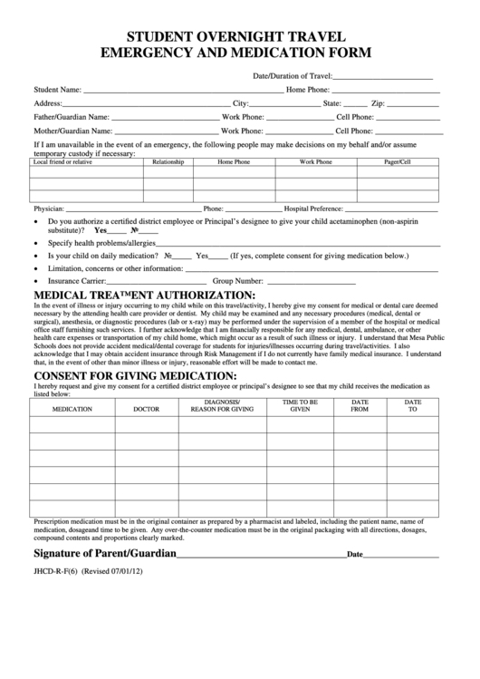 Student Overnight Travel Emergency And Medication Form Printable pdf