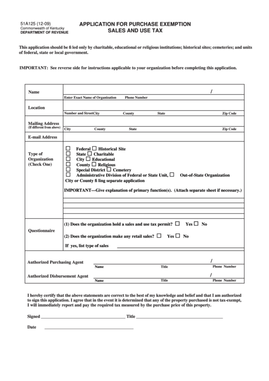 Form 51a125 - Application For Purchase Exemption Sales And Use Tax (2009) Printable pdf