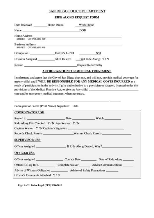 Fillable Ride Along Request Form - San Diego Police Department Printable pdf