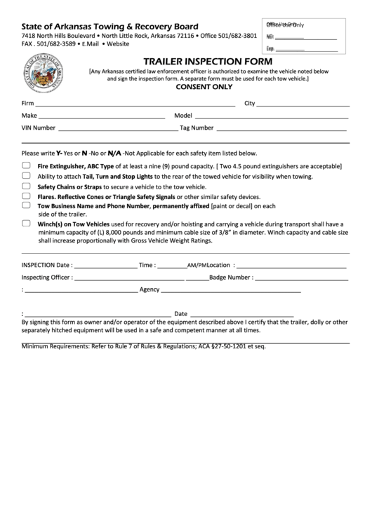 Trailer Inspection Form - Arkansas Towing & Recovery Board Printable pdf