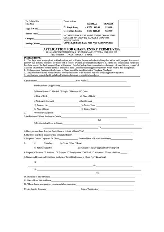 Fillable Application For Ghana Entry Permit visa Form Ghana High Commission In Ottawa