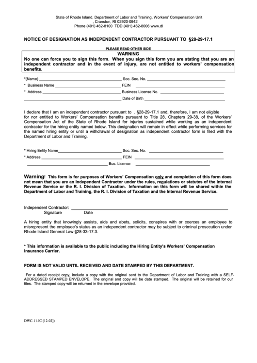 Fillable Form Dwc-11-Ic - Notice Of Designation As An Independent Contractor - State Of Rhode Island Department Of Labor And Training Printable pdf