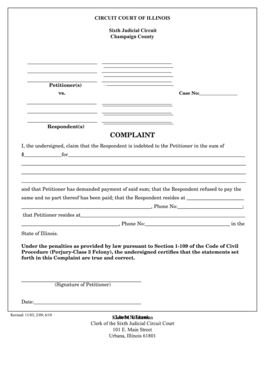 Fillable Complaint Form - Circuit Court Of Illinois Printable pdf