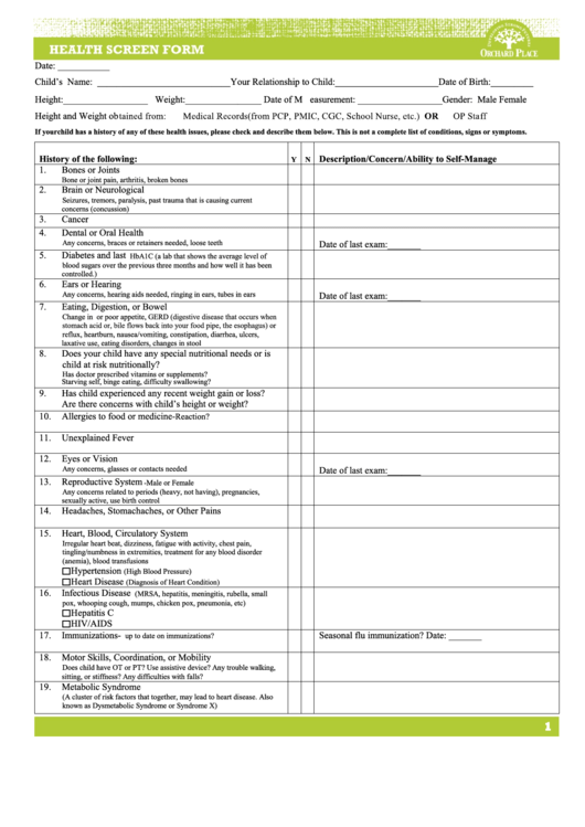 Fillable Health Screen Form Printable pdf