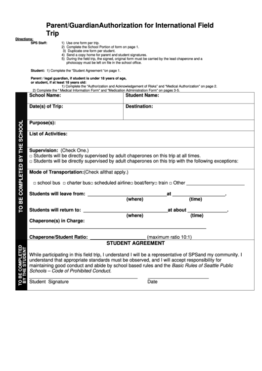 Parent/guardian Authorization For International Field Trip Form Printable pdf