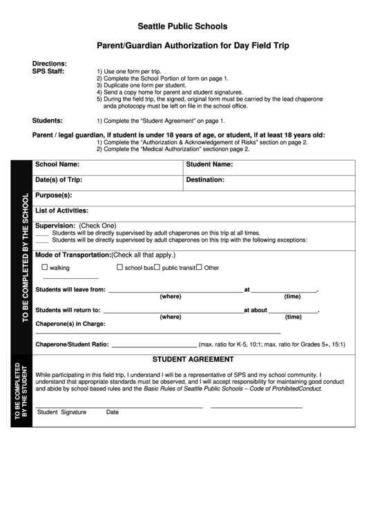 Fillable Parent/guardian Authorization For Day Field Trip Form Printable pdf