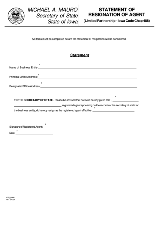 Fillable Statement Of Resignation Of Agent Form (Limited Partnership - Iowa Code Chap 488) Printable pdf