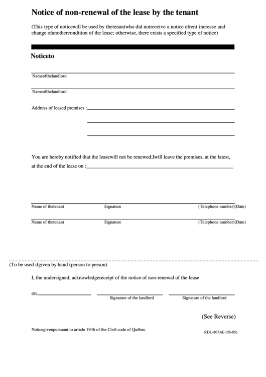 Fillable Notice Of Non Renewal Of The Lease By The Tenant Form